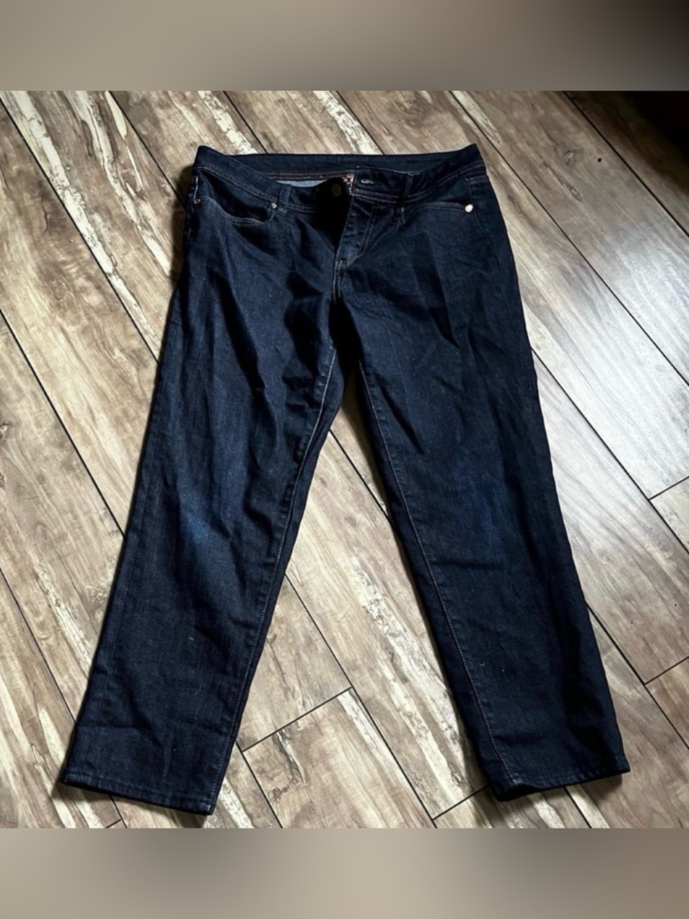 Tory Burch Classic "Tory" Embroidered Logo Dark Wash Cropped Straight Leg Jeans